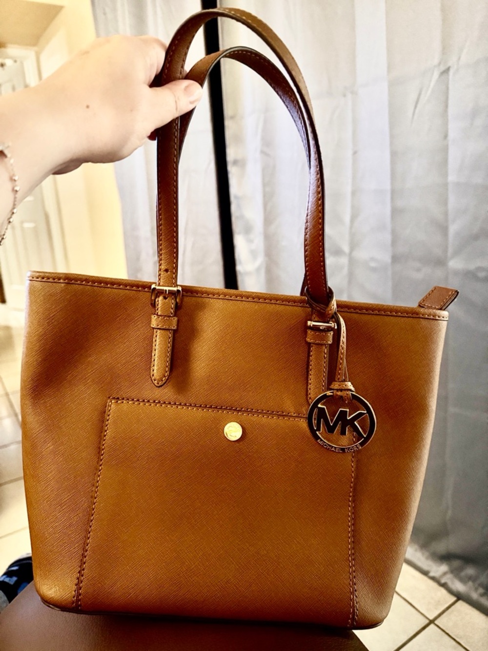 Michael Kors Saffiano Leather Zippered Tote Gold MK Charm, Medium Size Authentic